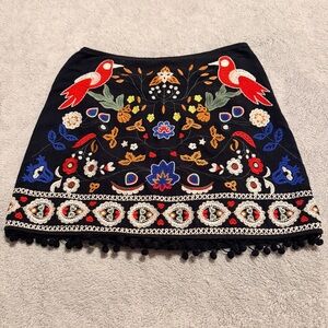Altard State Embroidered Mini Skirt Black with Pom Trim Small Boho Folk Festival